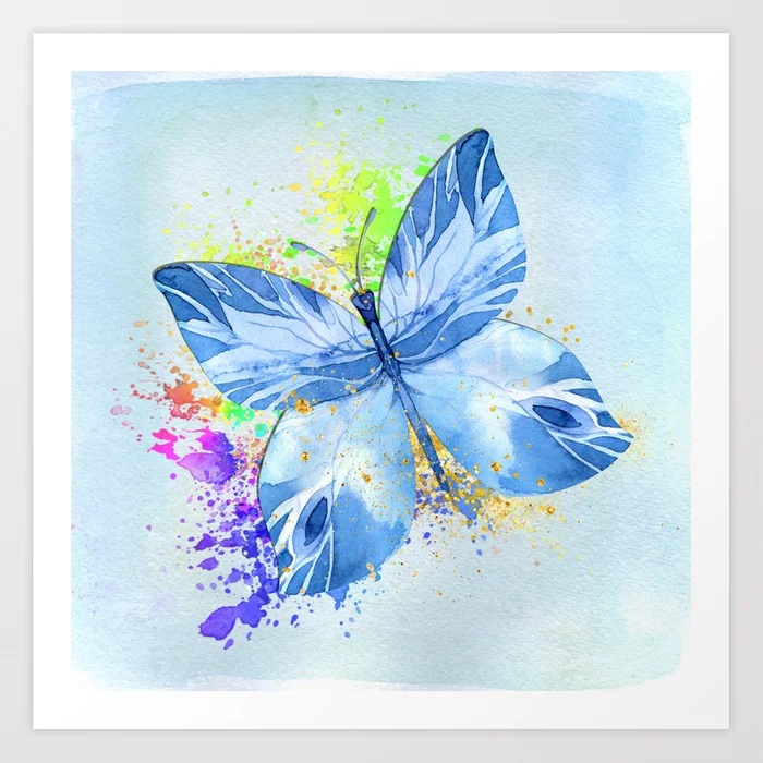 Blue Butterfly Watercolor Rainbow And Gold Art Print