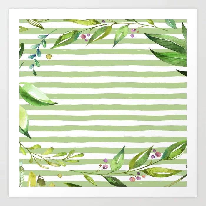 Green Stripes Floral Watercolor Art Print