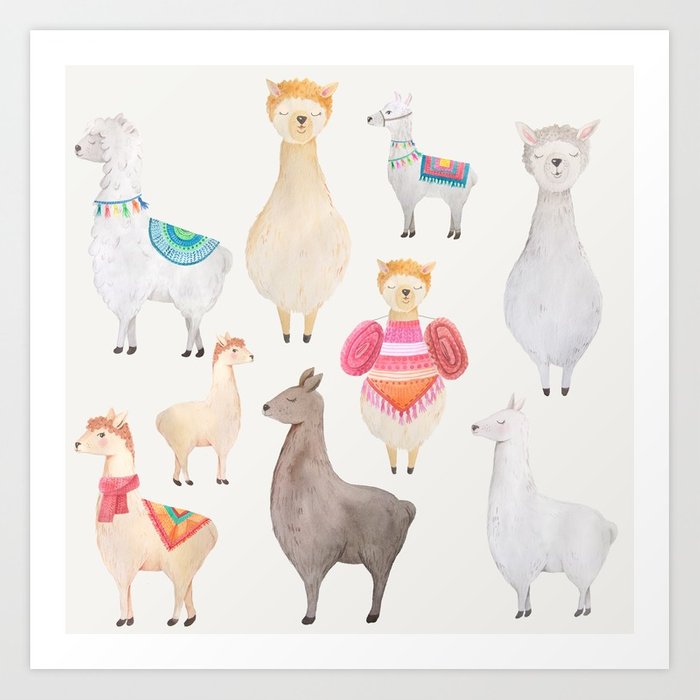 Watercolor Llamas Pattern Art Print