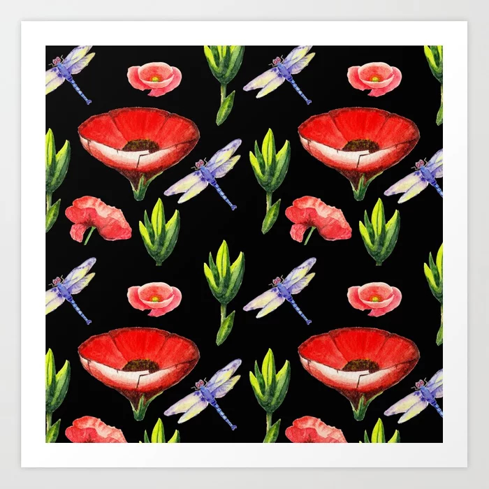 Watercolor Poppy Flowers With Dragonfly Art Print